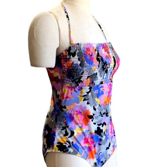 Kenneth Cole Smocked Bandeau One-Piece Halter Swimsuit Floral XL #60K - Picture 3 of 10